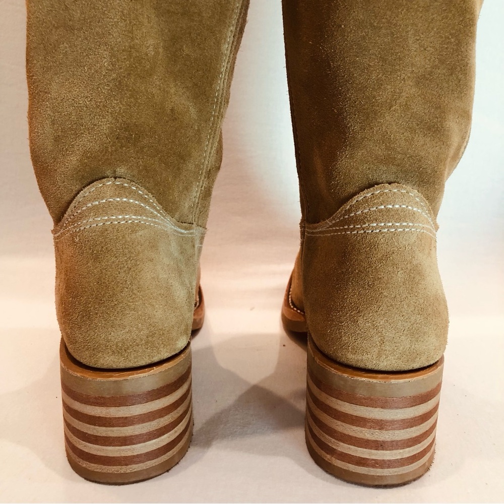 FRYE CAMPUS 12R Tan Mid Calf Suede Leather Boots Stacked wood heel Round toe 6.5 - Picture 13 of 15